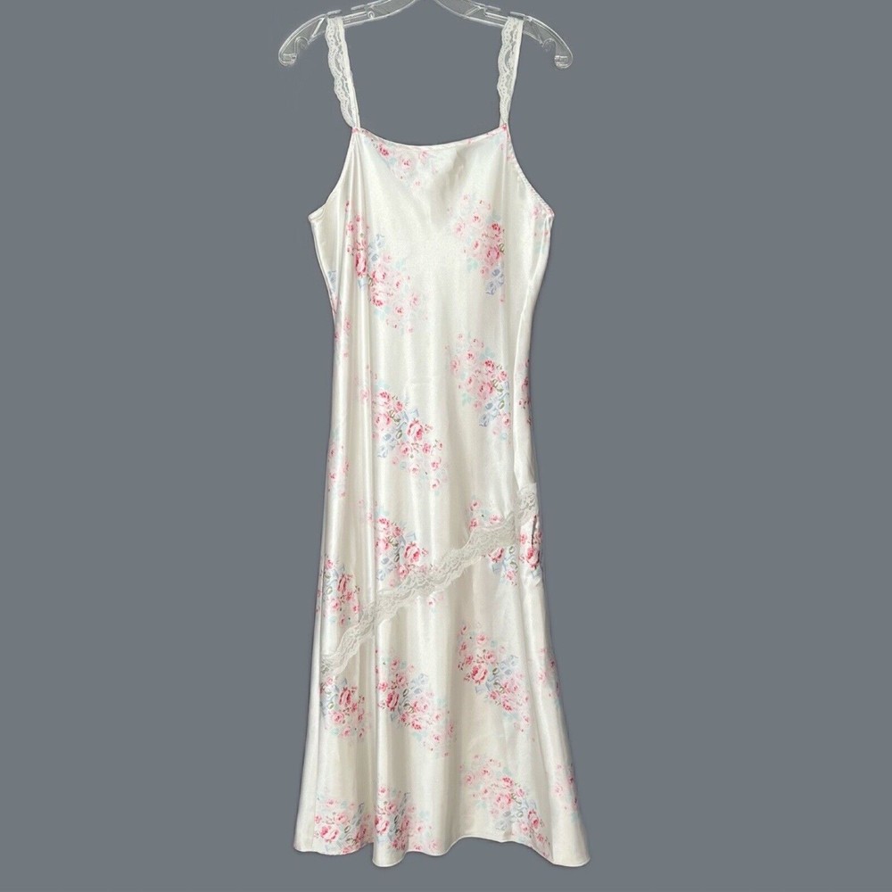 XL Long Satin Nightgown Floral Rose Asymmetrical Lace Trim Shabby-Chic XL Pink K